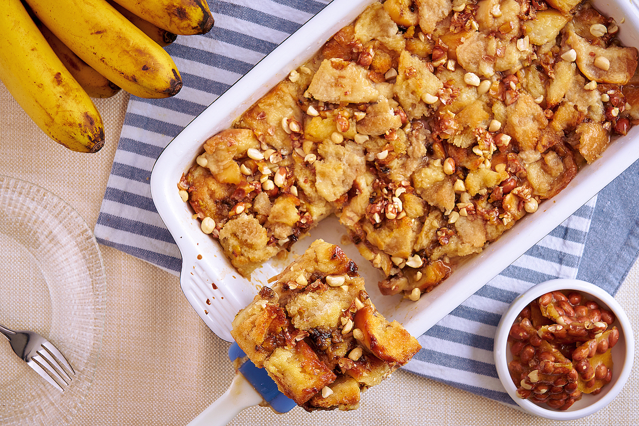 banana bread pudding with nuts on top