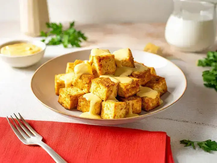 Tofu Squares with Creamy Cheese Sauce